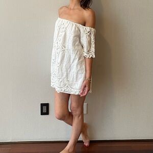 Free People Battenburg Off-The-Shoulder Mini Dress, Lace Trim, White, XS